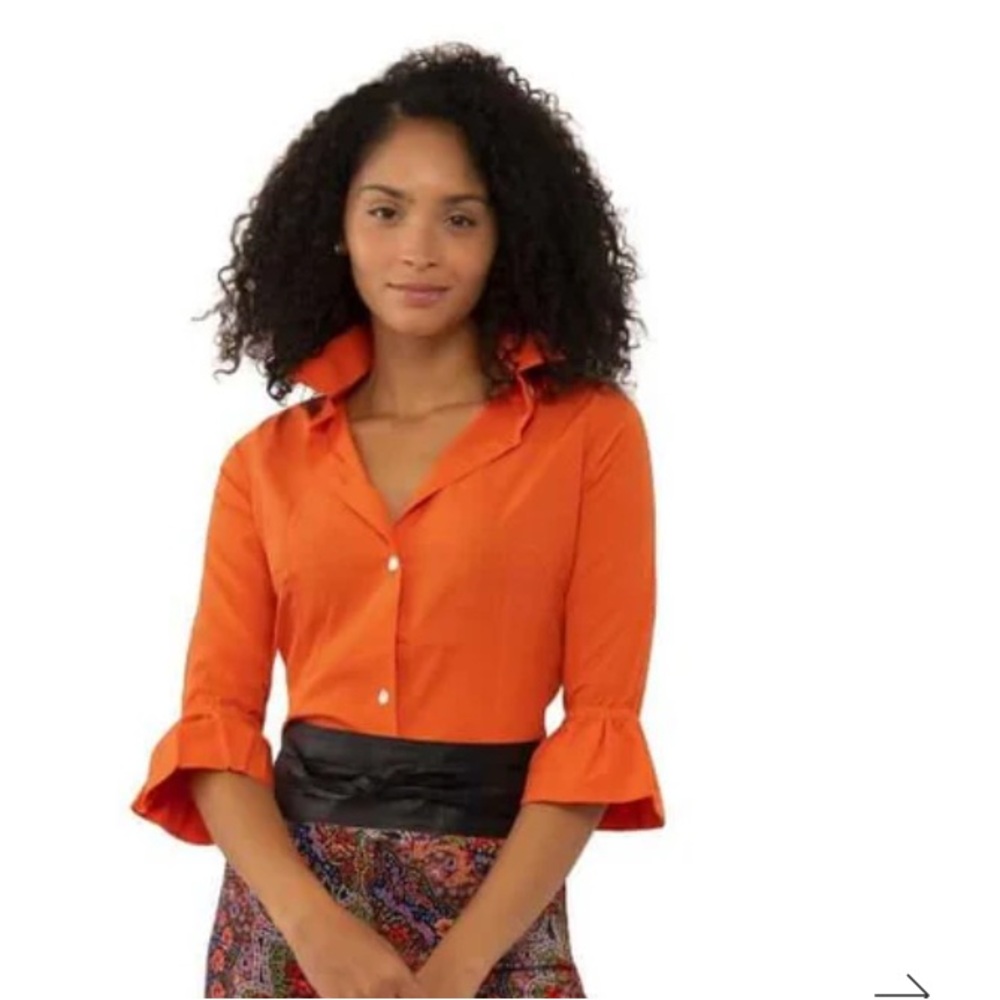 Gretchen Scott NWT Med. orange Blouse 3/4 Sleeves Semi Fitted Ruffled Cu… - Picture 7 of 10